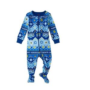 PJ Place Kids Blue Happy Hanukkah Fair Isle Footed Pajamas Sleepwear 18-24m‎